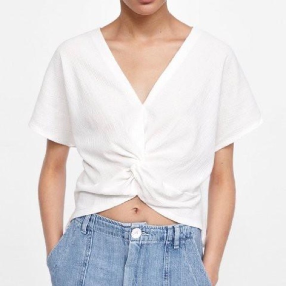 White Twist Front Crop Top Shirt Zara Size Medium - Picture 2 of 4
